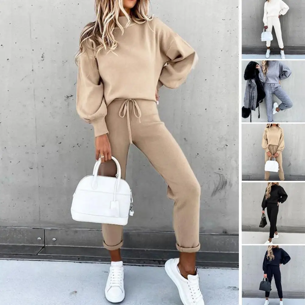 

Trendy Sweatshirt Sweatpants Suit Drawstring Lady Sweatshirt Trousers Suit Solid Color Pure Color Women Tracksuit Thermal
