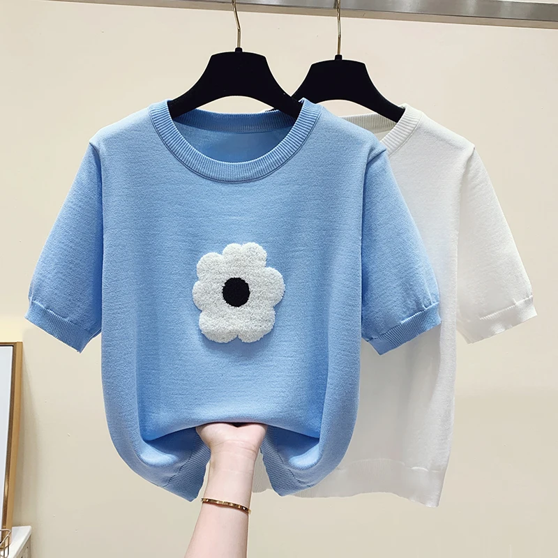 

Korean Short Puff Sleeve Sweater Women's Knitwear 2022 Summer New Soft Sweet Chic Knit Top T-shirt Pullovers Knitwear Dropship