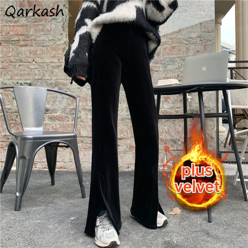 

Black Velvet Pants Women Thick Side Slit Mopping Casual Trousers Solid Minimalist Korean Style Winter Pantalones De Mujer Tender
