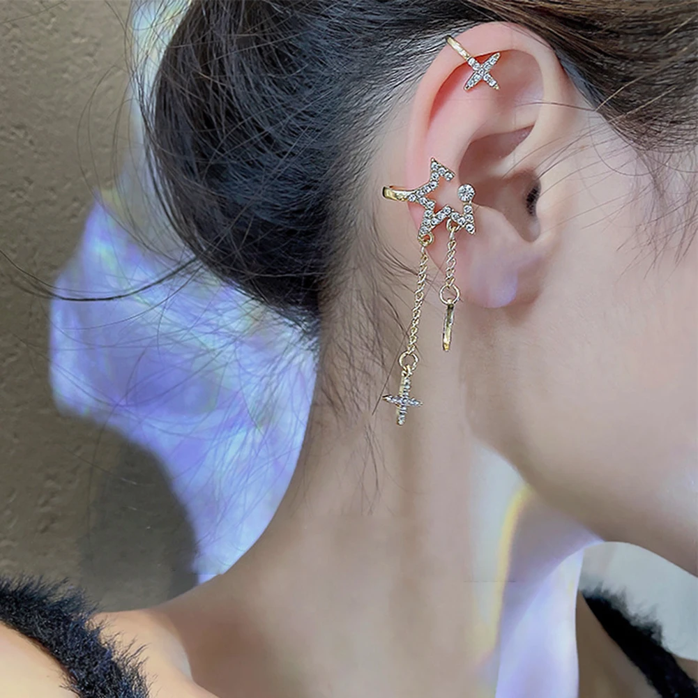 

Korean Trend New Bright Stars Moon No Pierced Ear Clip Earrings Asymmetrical Long Tassel Diamond Clip Earrings Ear Cuff Jewelry