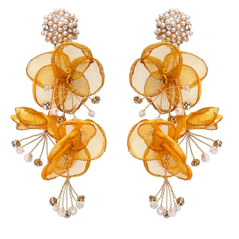 

Za Exaggerated Handmade Fabric Flower Earring Personality Pearl Earrings