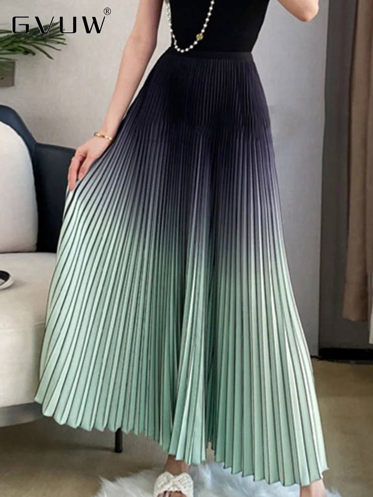 

GVUW Gradient Casual Pleated Skirt For Women High Waist Elastic 2023 New Summer Female Fold Fashion Mid-length Clothing 17J0129