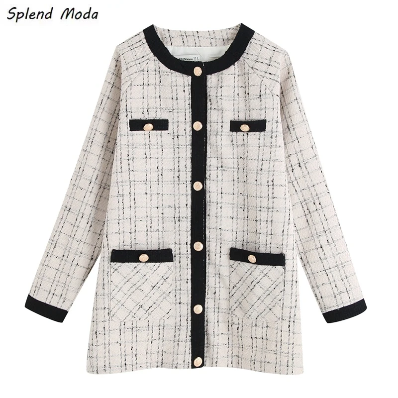 

Куртка женская однобортная в клетку, с круглым вырезом и длинным рукавом