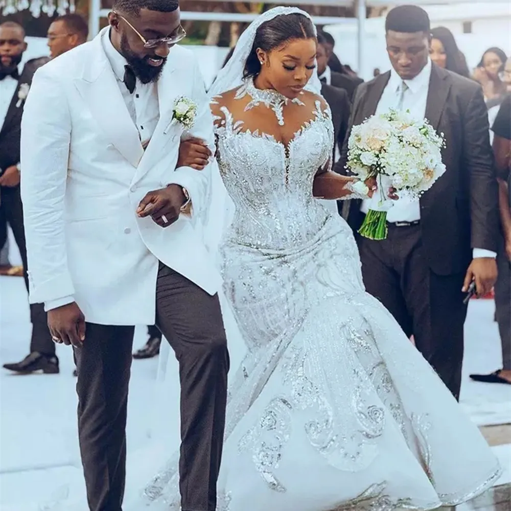 

Plus Size Arabic Aso Ebi Mermaid Luxurious Sparkly Wedding Dress Sheer Neck Lace Bridal Gowns Dresses 2022