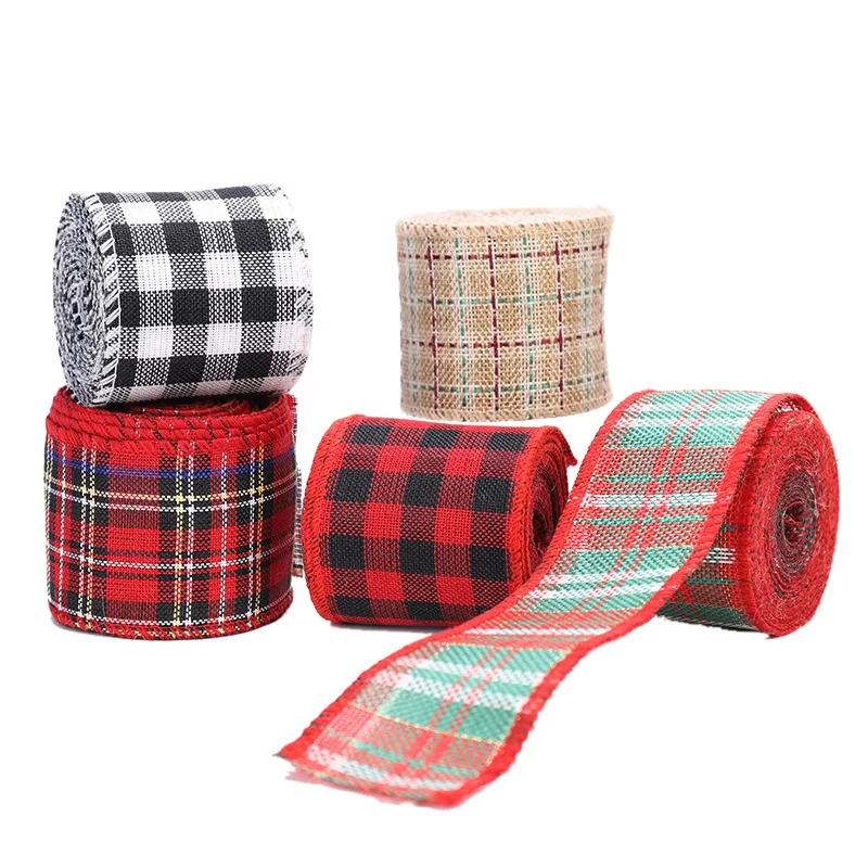 

6m*6cm Multicolor Imitation Linen Christmas Ribbon Roll DIY Bowknot for Christmas Tree Decoration Wired Edge Lattice Ribbon