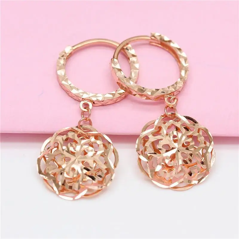 

585 Purple Gold Plated 14K Rose Gold Round Hollow Flower Earrings for Women Luxury Delicate Sparkling Style Wedding Jewelry