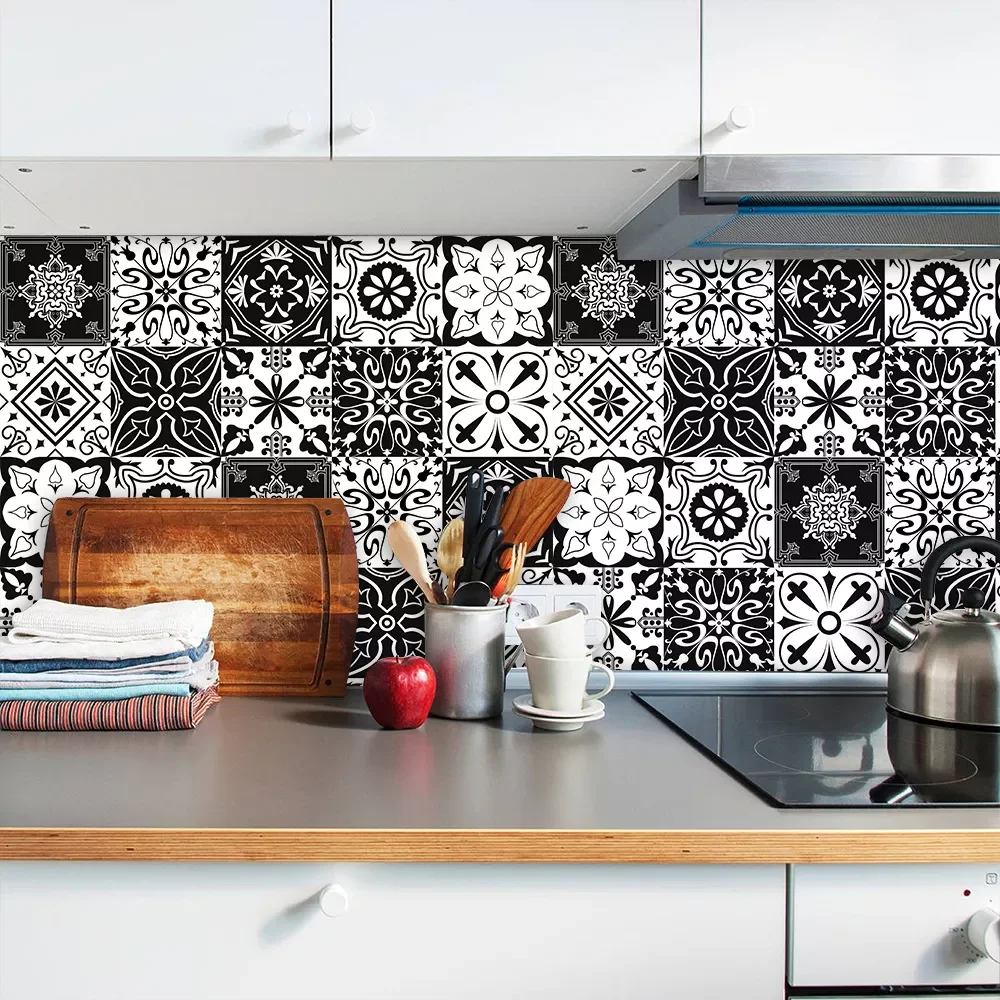 

Black & White Pattern Matte Surface Floor Sticker Adhesive Tile Decoration Film For Tiles /Ground in Kitchen Bathroom Non-sl