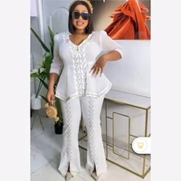 3 piece set chic african matching pant sets for women mesh zipper jacket fashion hot drill slit pants lady party spring autumn