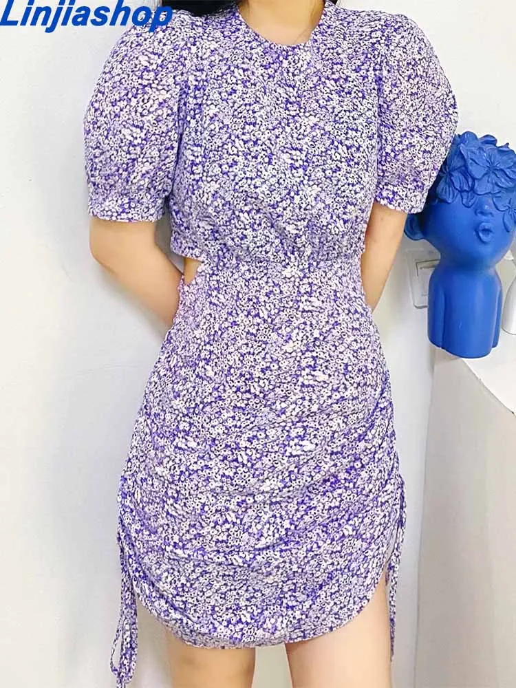 

Женское шифоновое мини-платье с V-образным вырезом и рукавами-фонариками