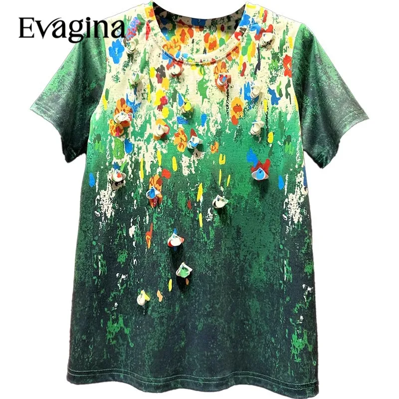 

Evagina Fashion Print Appliques Elegant Short Sleeved 2023 Spring Summer New Women's Holiday T-Shirt