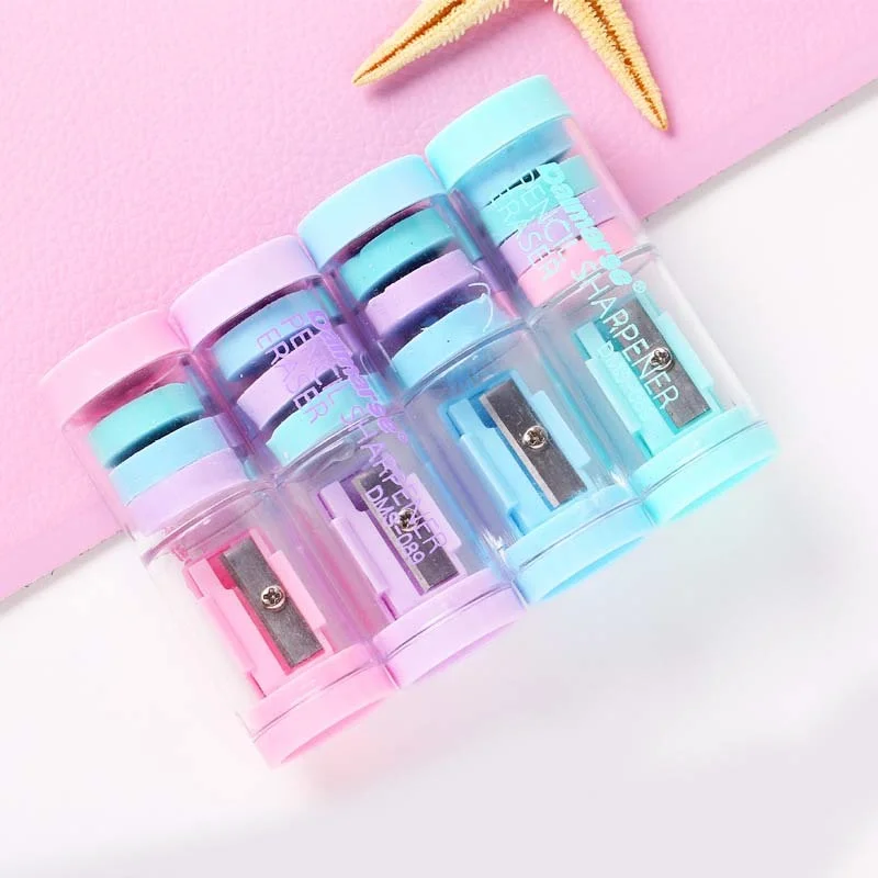

2Pcs Kawaii Pencil Sharpeners with Eraser Cylindrical Cute Handheld Crayon Stationery Accessorie for Gift Office School Supplies