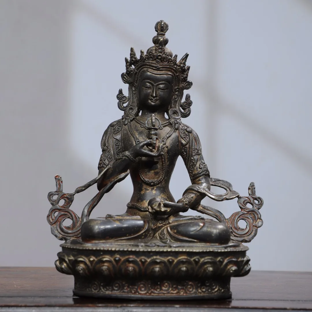 

8"Tibet Temple Collection Old Bronze Cinnabar Gilding Vajrasattva Dorje Sempa Buddha Lotus Platform Worship Hall Town house