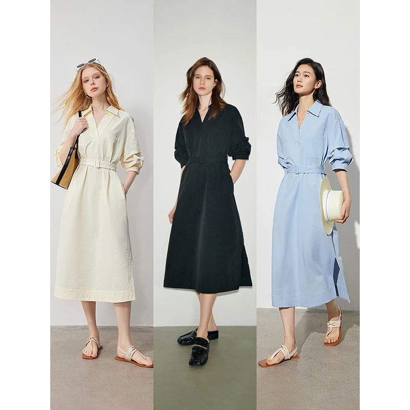 Женское жаккардовое платье-рубашка с поясом V-образным вырезом и