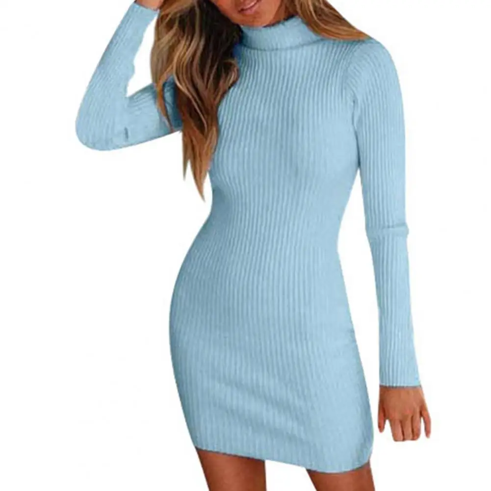 

Платье-Свитер женское однотонное с высоким воротником и длинными рукавами