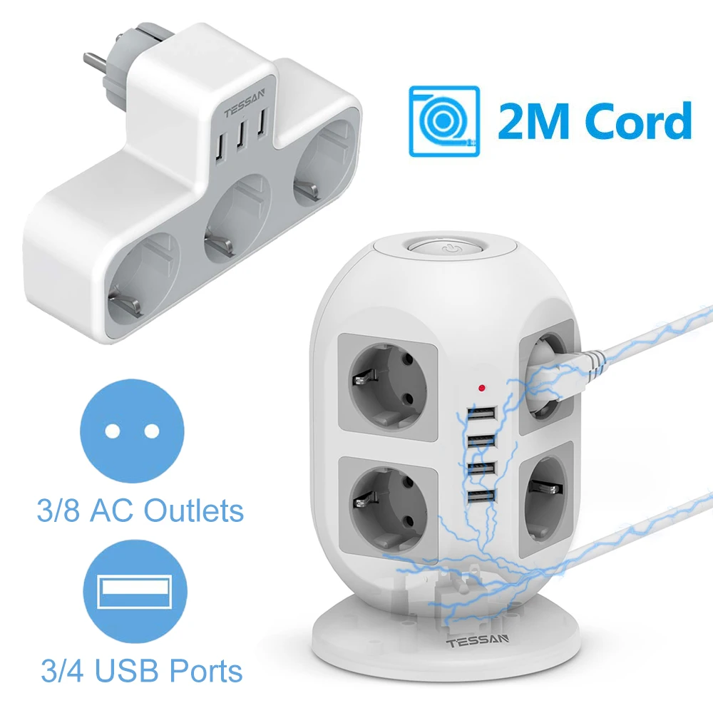 

TESSAN Extension Socket Power Strip with 3/8 AC Outlets 3/4 USB Ports & 2m Cable, EU Desktop Socket Electrical Adapter for Home
