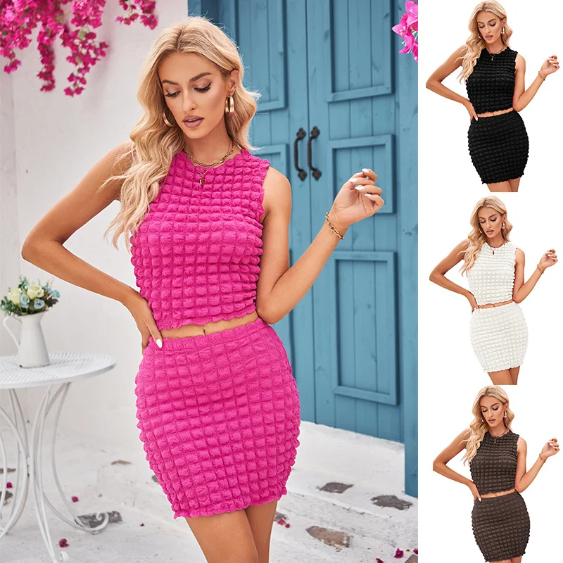 

Women 2 Pieces Skirt Suits Summer Sexy Solid Matching Sets Crop Tank Sleeveless Tops+Ruched Mini Skirts