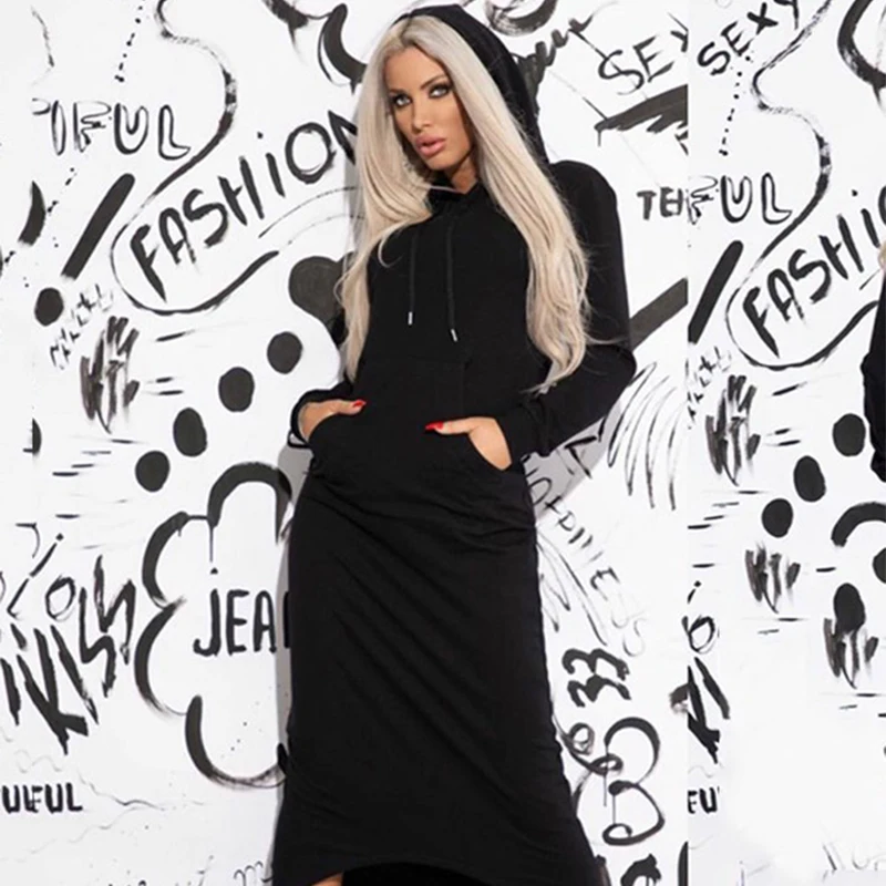 

Yeezzi Letter Print Dress Female Fashion Black Casual Long Sleeves Hooded Maxi Dresses For Women 2023 New