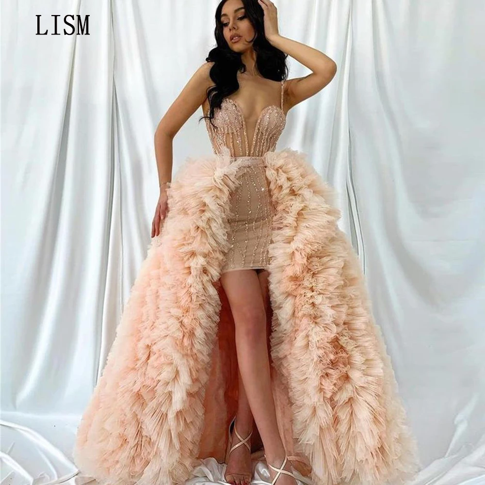 

LISM Luxury Sweetheart Spaghetti Straps High And Low Formal Occasion Party Dresses Sequined Tulle Plus Size Custom Made Outfit