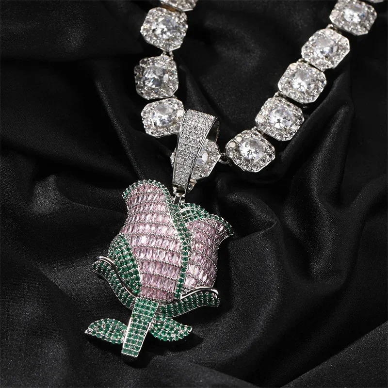 

Hip Hop Crystal Rose Flower Pendant With Iced Out Big Zircon Tennis Chain Necklace For Men Women Fashion Kpop Jewelry