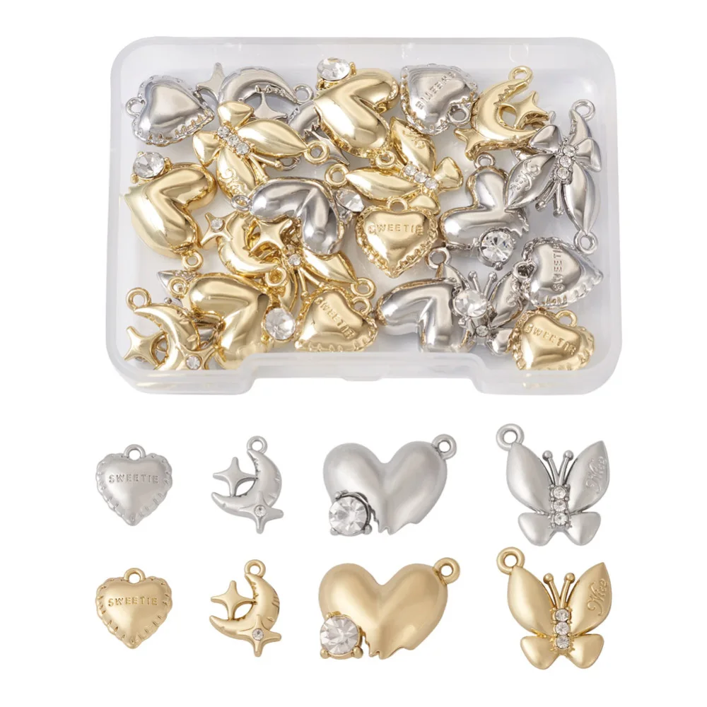 

32Pcs/box Crystal Rhinestone Moon Butterfly Heart Charms Alloy Pendants For Jewelry Making DIY Bracelet Necklace Accessories