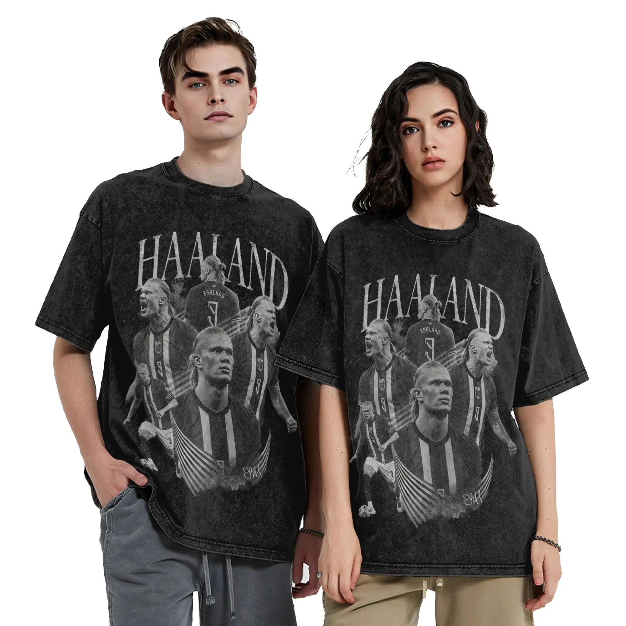 Фото Футболки Haaland Norway Soccer Merch с эффектом потертости для мужчин и женщин, уличная одежда, хип-хоп футболки, футболки с графическим принтом, топы из 100% хлопка №4