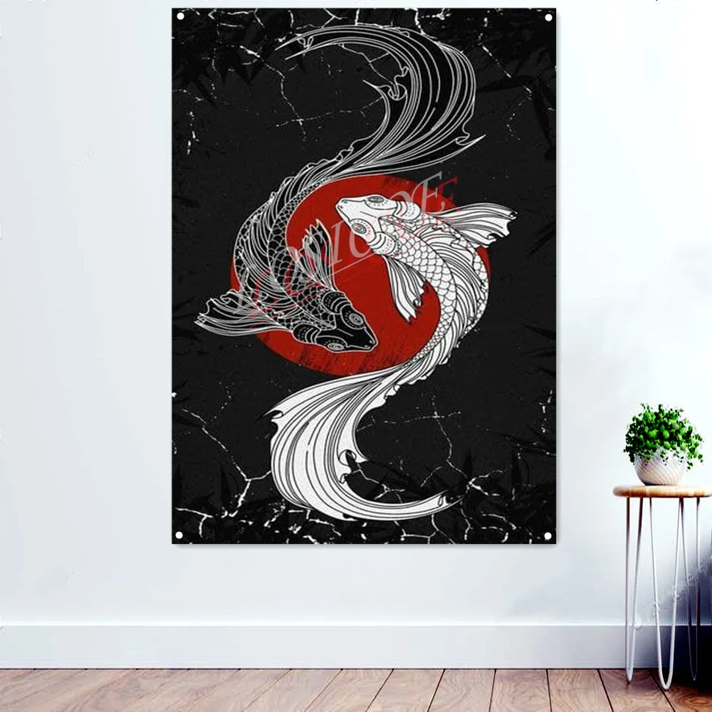 

Carp Ukiyo-e Tattoo Art Tapestry Wall Hanging Flag With four Metal Buckles Polyethylene Banner Barber Shop Wall Decor Painting
