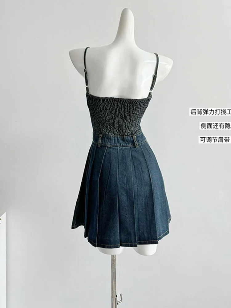 Винтажное синее платье в американском стиле без рукавов на бретелях-спагетти