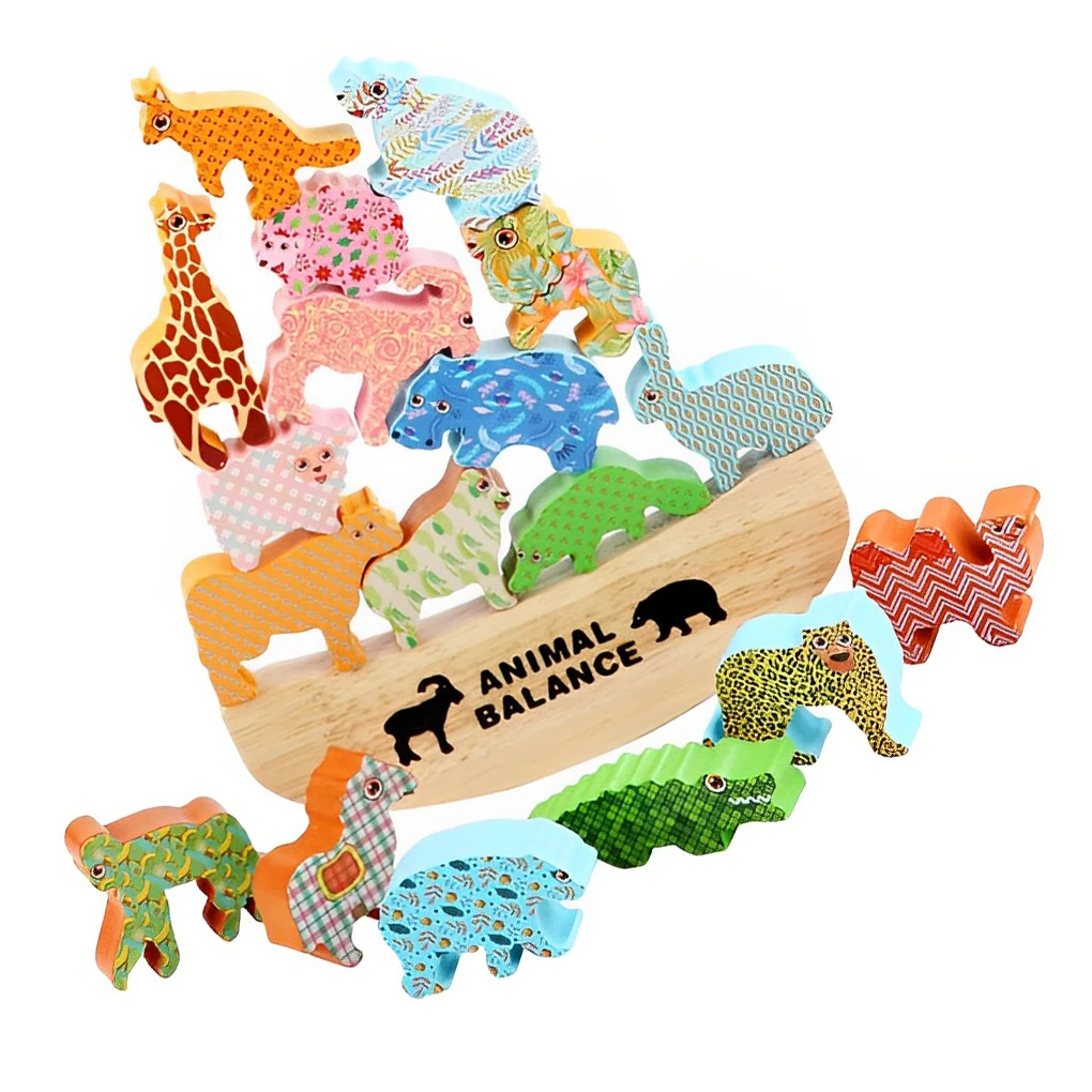 

Wood Balancing Game Colorful Animals Stacking Blocks Boat Board Eye-hand Coordination Toy Early Education Children
