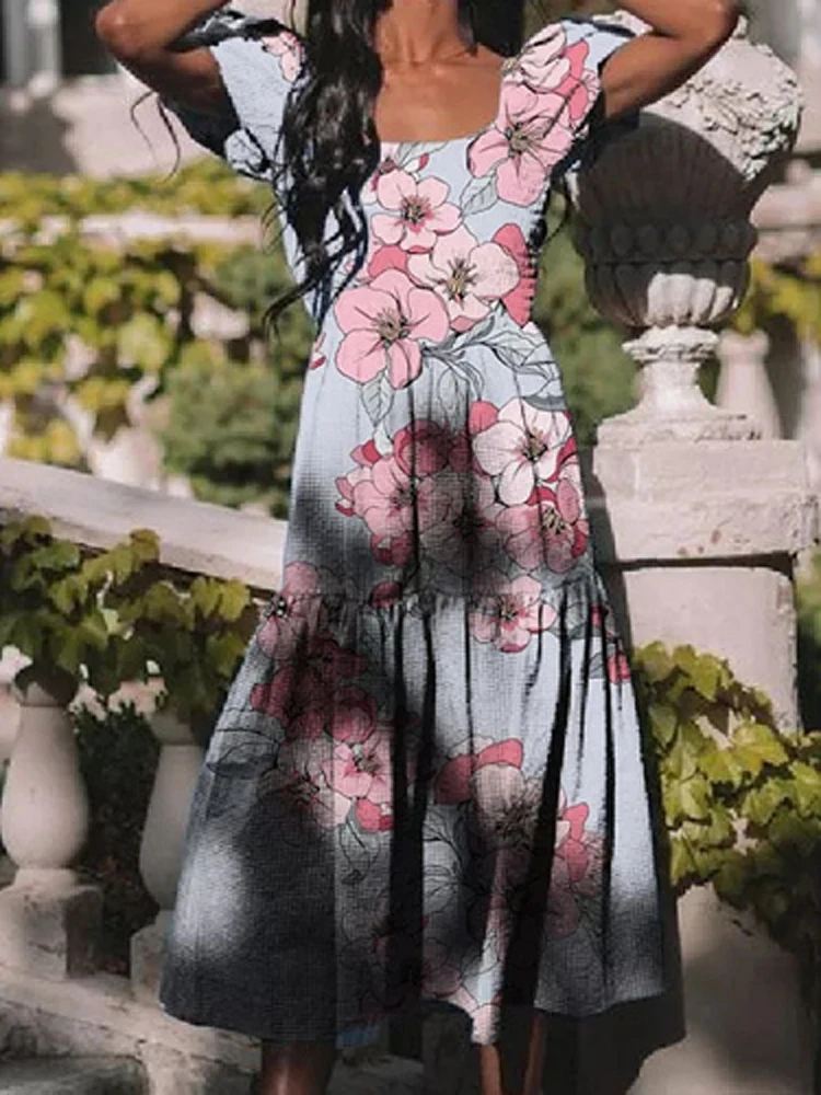 

Женское богемное платье с цветочным принтом, длинное вечерние ное платье с квадратным вырезом, коротким рукавом и подолом, лето 2022