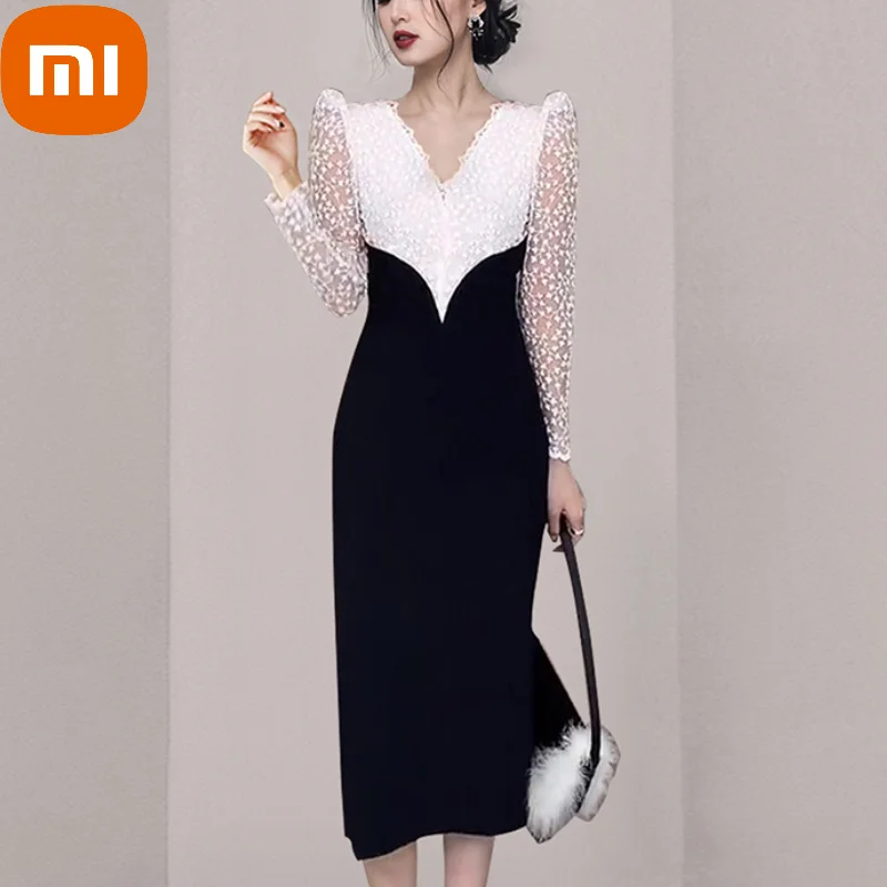 

Женское винтажное кружевное платье Xiaomi, элегантное вечернее праздничное платье миди во французском стиле, повседневное корейское цельнокр...