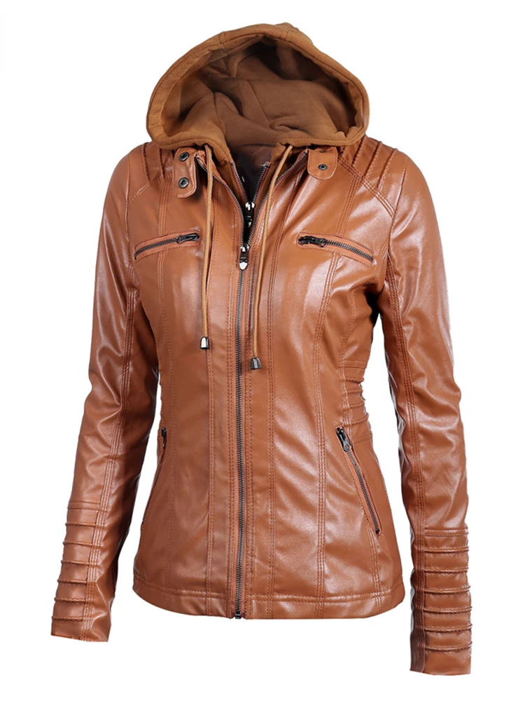 New Women Faux Leather Jacket Pu Motorcycle Hooded Hat Detachable Casual Leather  5xl Punk Outerwear Leather Jacket