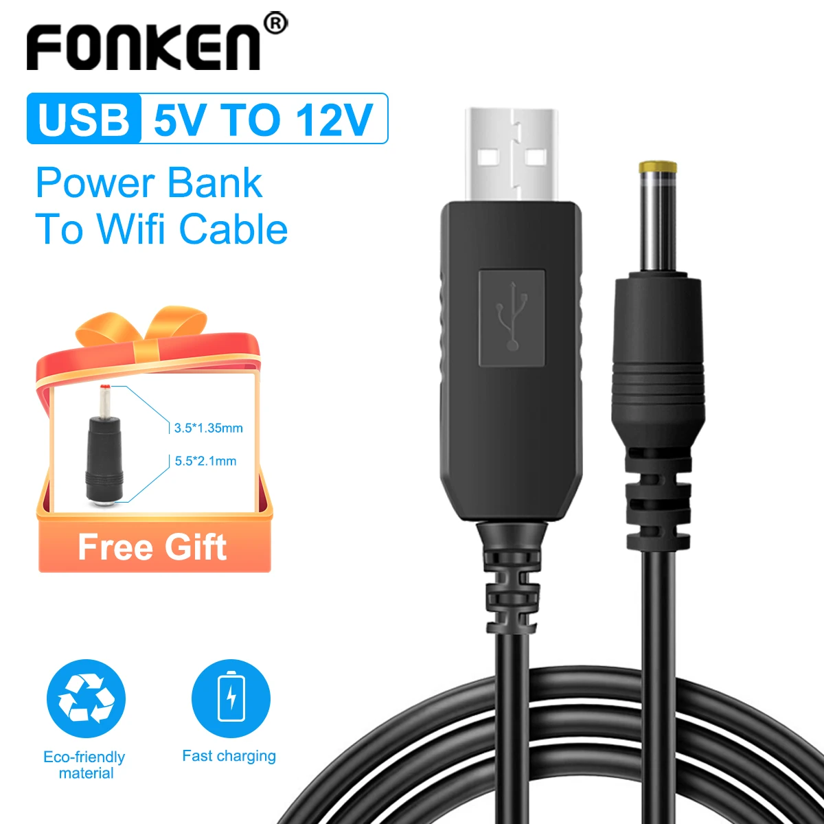 Fonken WiFi to Powerbank Cable Connector DC 5V to 12V USB Cable Boost Converter Step-up Cord for Wifi Router Modem Fan Speaker