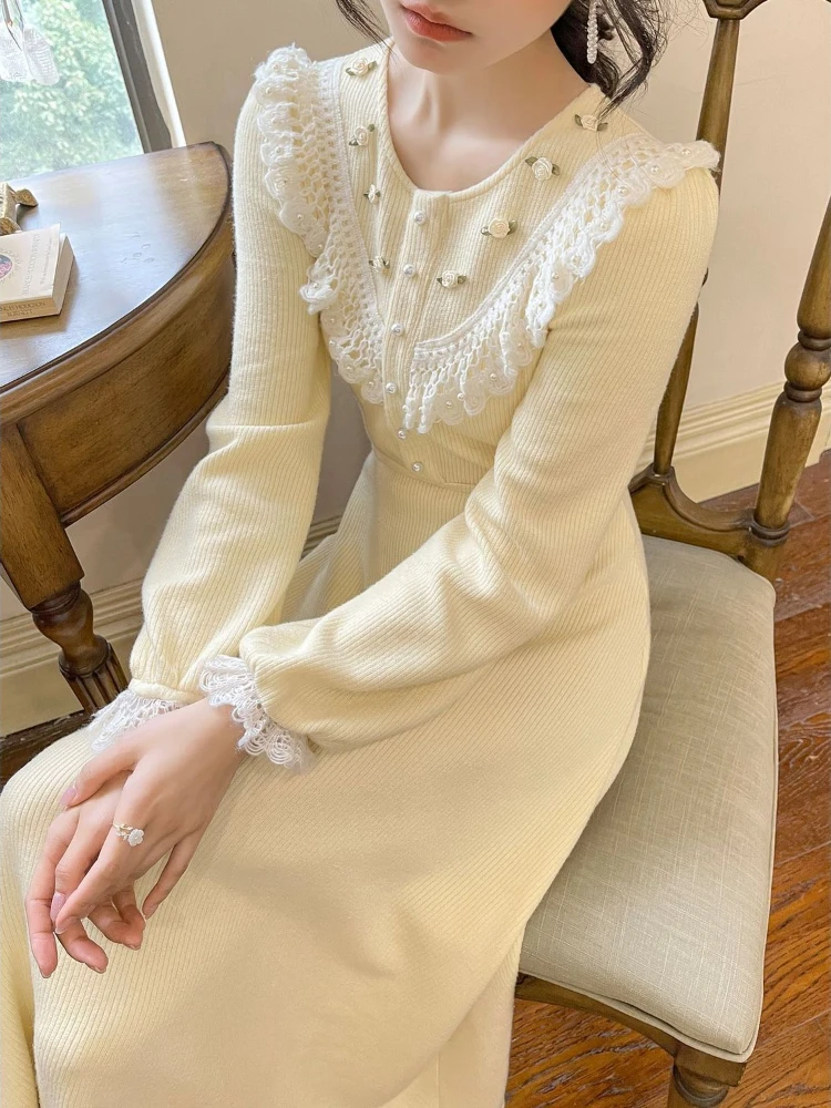 

Sweet Vintage Knitting Dress Women Lace Design Elegant Midi Fairy Dress Lady 2023 Autumn Casual Korean Style Evening Party Dress