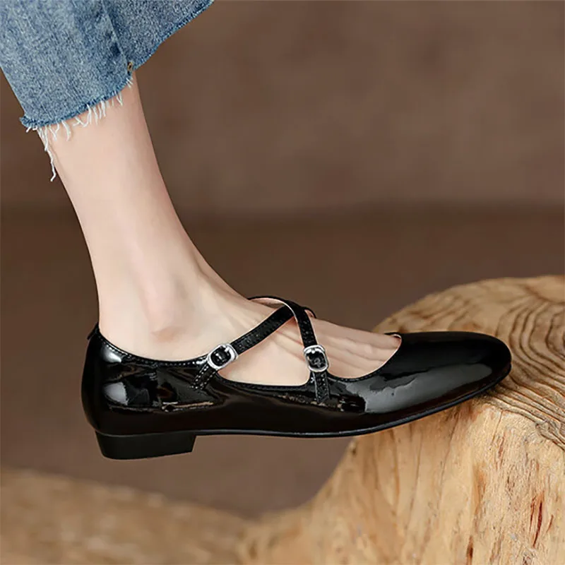 

Women's Flats Double Buckle Mary Jane Shoes for Woman Cross-tied Ballet Flats Black Vintage Leather Shoes Zapatos Mujer 1218N