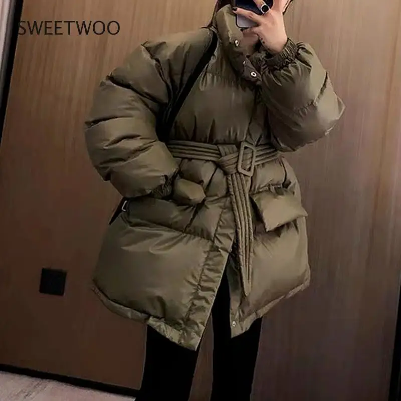 Winter Coat Ladies Parker Coat Shiny Surface Warmth Thick Thick Cotton Casual Loose Women Jacket Ladies Belted Jacket 2022 New