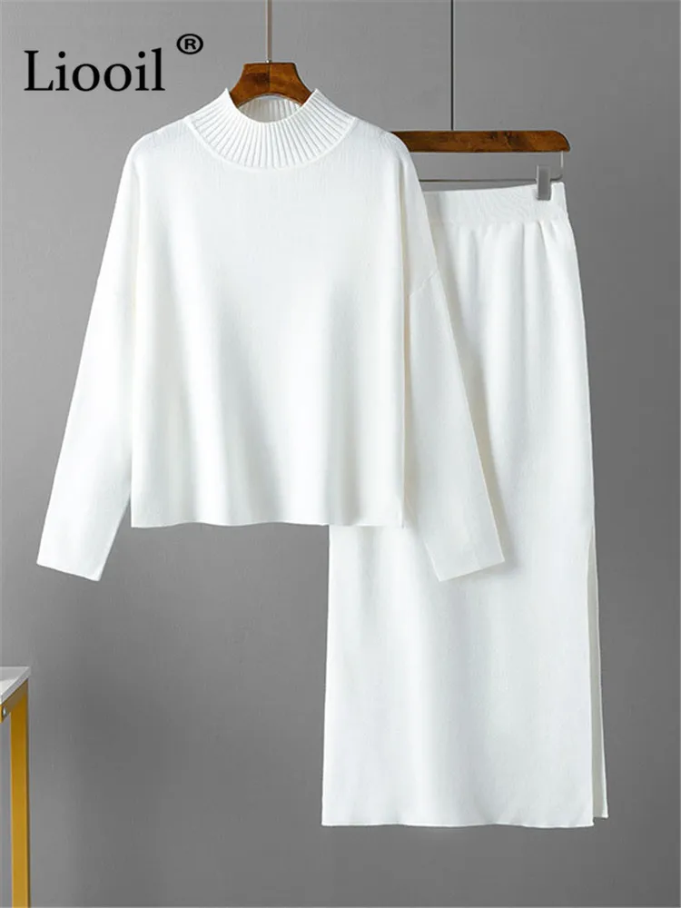 

Комплект из двух предметов, вязаный свитер, женские вязаные топы с длинным рукавом и юбка с высокой талией, черные и белые вязаные свитера, комплекты одежды