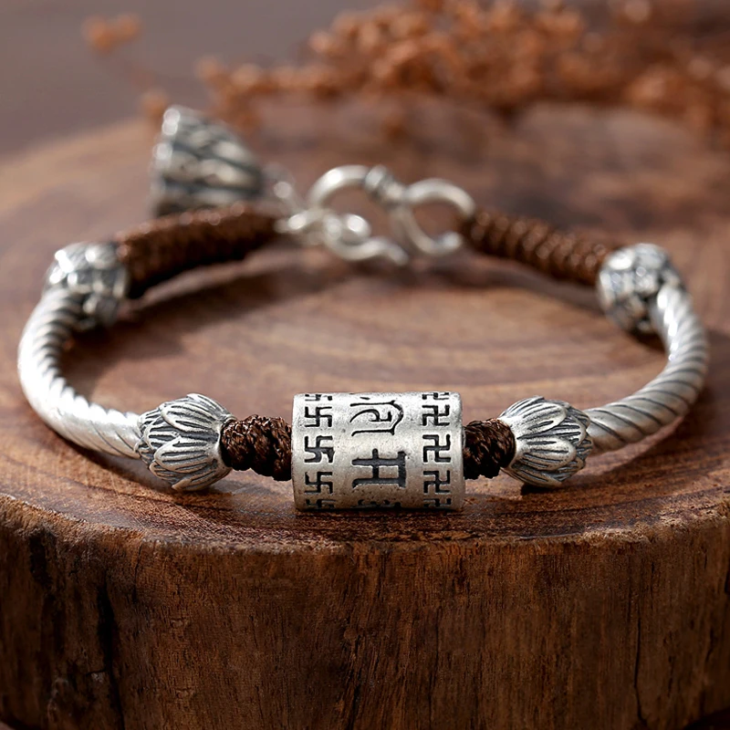 

New Silver Six-character Mantra Transfer Bead Heart Sutra Men's And Women's Bracelet Hand-woven Retro Wind Hand Rope Gift