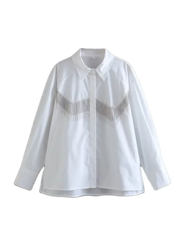 

PB&ZA2023 early spring new women's fashion lapel loose and versatile tassel trimmed long sleeve shirt
