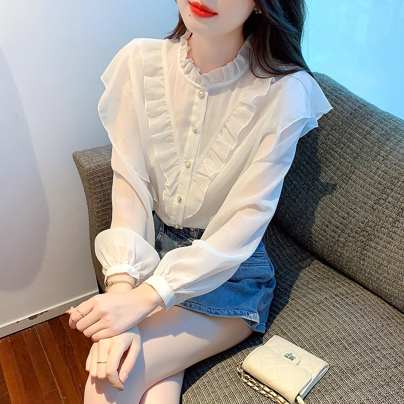 Женская шифоновая блузка с длинным рукавом оборками