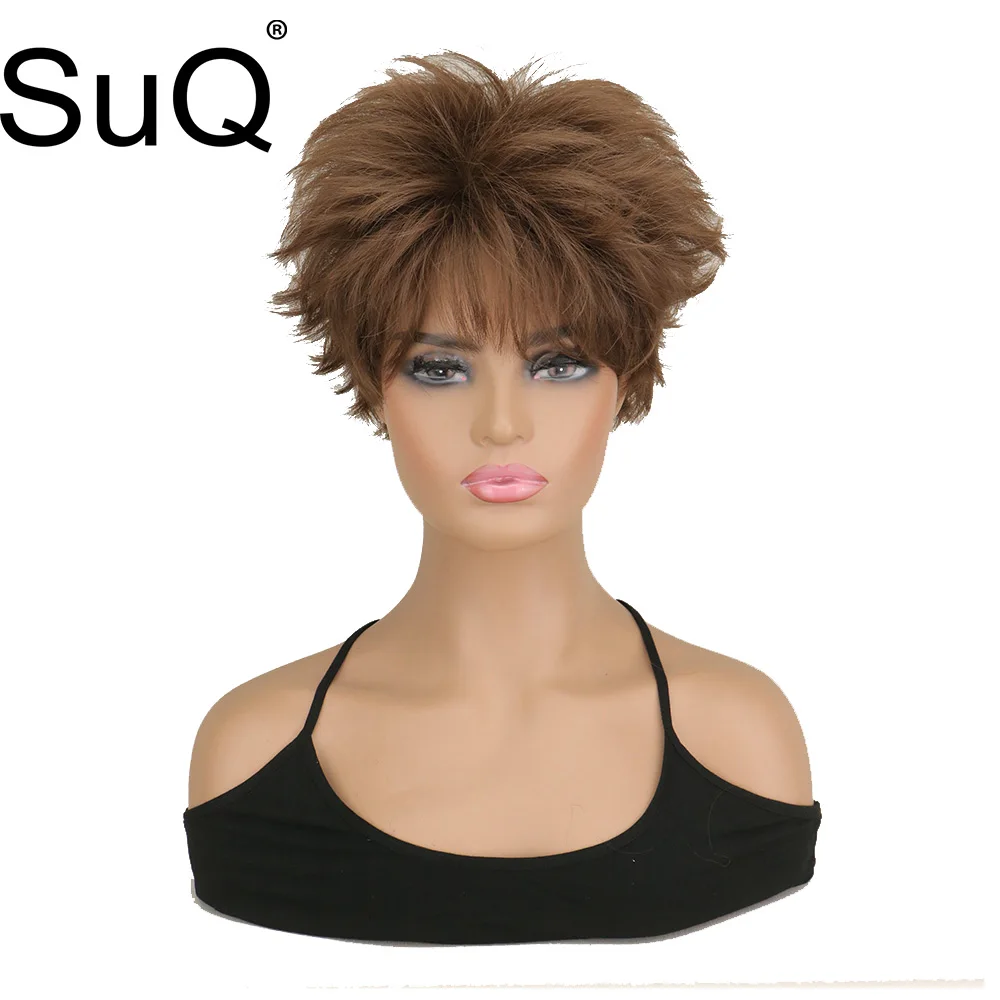 

SuQ Synthetic Short Hair Wigs Fluffy Pixie Cut Wig With Bangs Women Natural Daily Wear Wig Heat Resistant