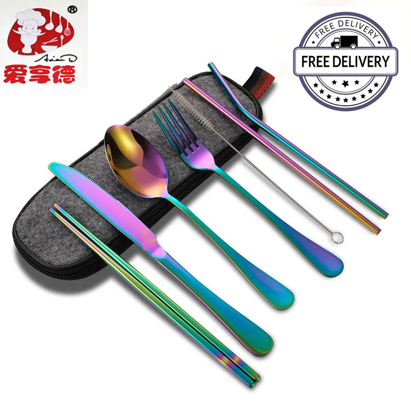8 Pieces Tableware Reusable Travel Cutlery Set Camp Utensils Set with Stainless Steel Spoon Fork Chopsticks Straw Portable Case