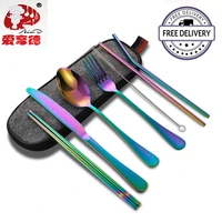 8 pieces tableware reusable travel cutlery set camp utensils set with stainless steel spoon fork chopsticks straw portable case