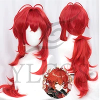 game genshin impact diluc cosplay 60cm long red wig high temperature wire costume accessories