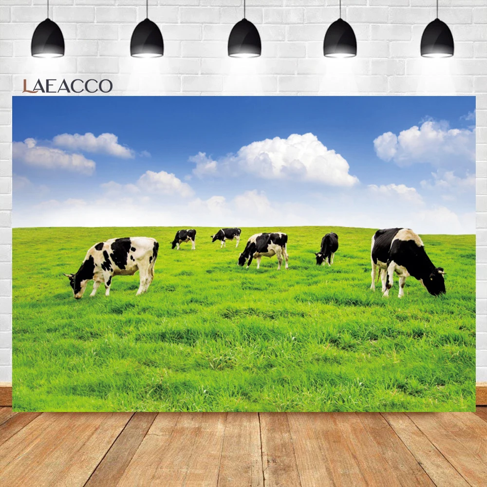 

Laeacco Grassland Pasture Cows Backdrop Farm Prairie Herd Grazing Green Grass Field Adult Child Portrait Photography Background