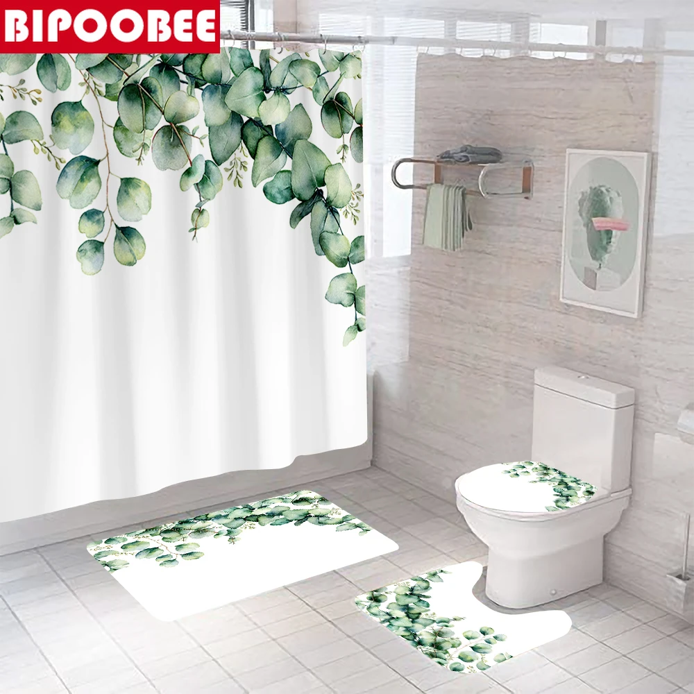 

Beautiful Green Leaves Print Shower Curtains Waterproof Modern Bathroom Curtain Toilet Lid Cover Bath Mat Set Non-slip Carpet