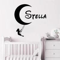personalized name wall stickers vinyl with romantic moon fairy swinging girls baby bedroom decal removable ceiling mural dw14013
