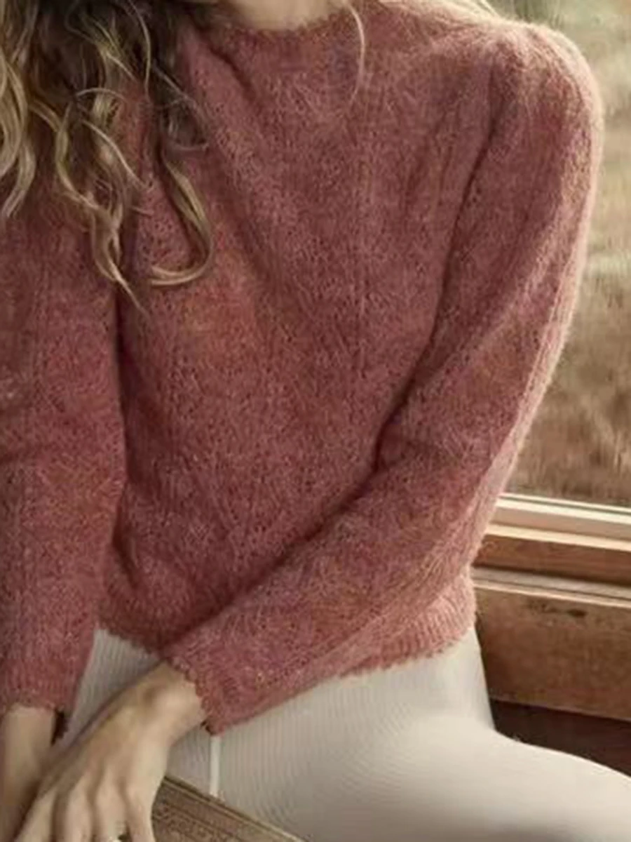Открытый однотонный свитер женский осенне-зимний тонкий джемпер с круглым