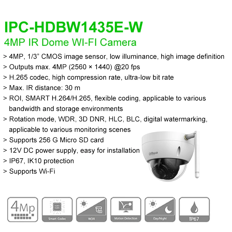 Цена Dahua WiFi 1080P Сетевая купольная камера беспроводной домашний наружный монитор CCTV защита ночного видения 30 м IP67 ONVIF IPC-HDBW1235E-W
