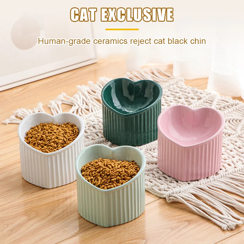 

Ceramic Tilted Elevated Cat Bowl Heart Shape Anti Slip Cute for Cats Kitten Small Dogs Functional Width 14cm Handmade Pet Feeder