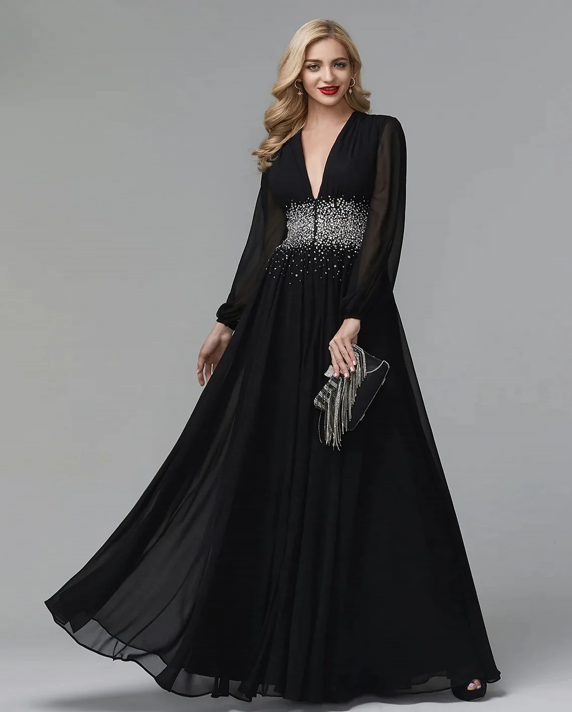 

Fashion Black Formal Evening Dress 2022 V Neck Long Sleeve Beads Chiffon Prom Party Gowns Robe De Soiree Vestido Invitada Boda